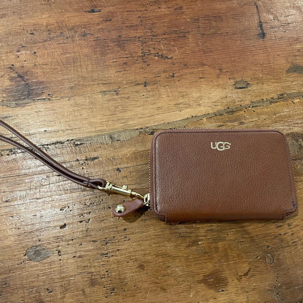 UGG Tan Leather Zip Wristlet with Gold Hardware